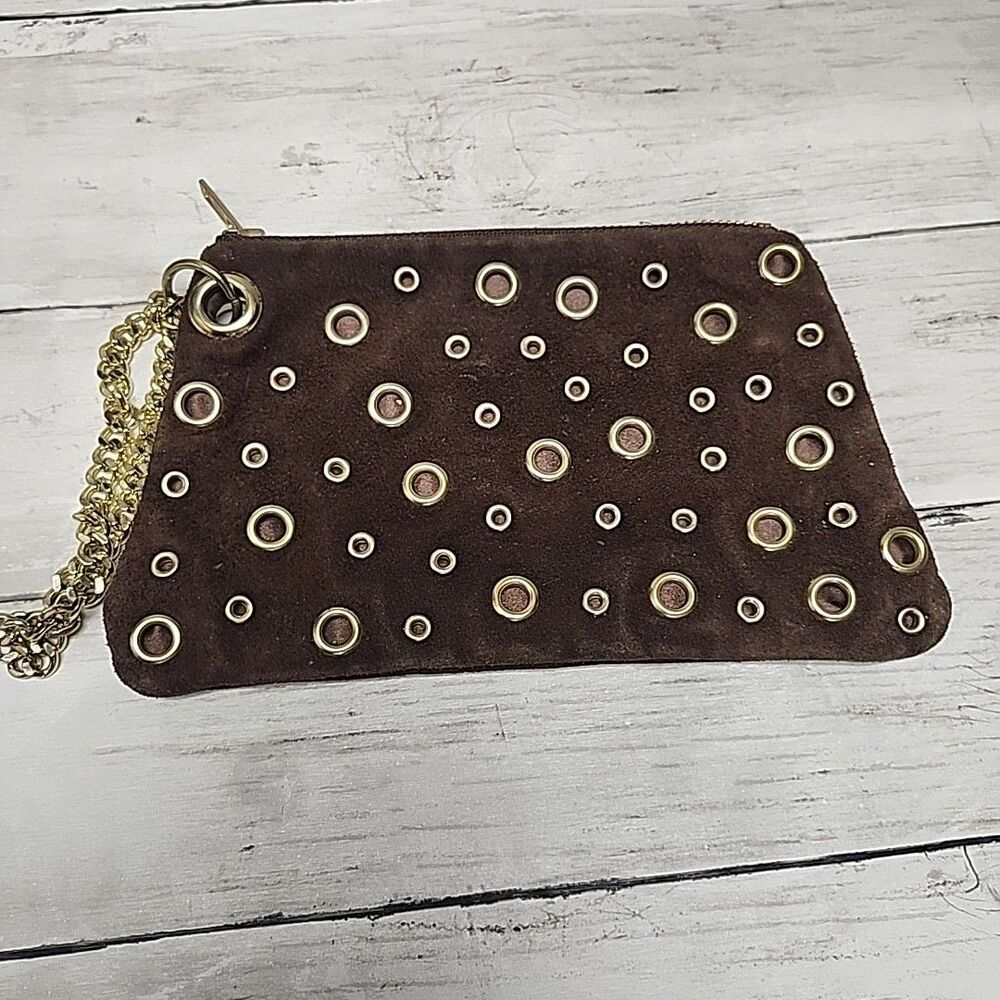 Hand Maid Michelle Frantz Brown Suede Leather Gold Tone Eyelets Wristlet/ Clutch